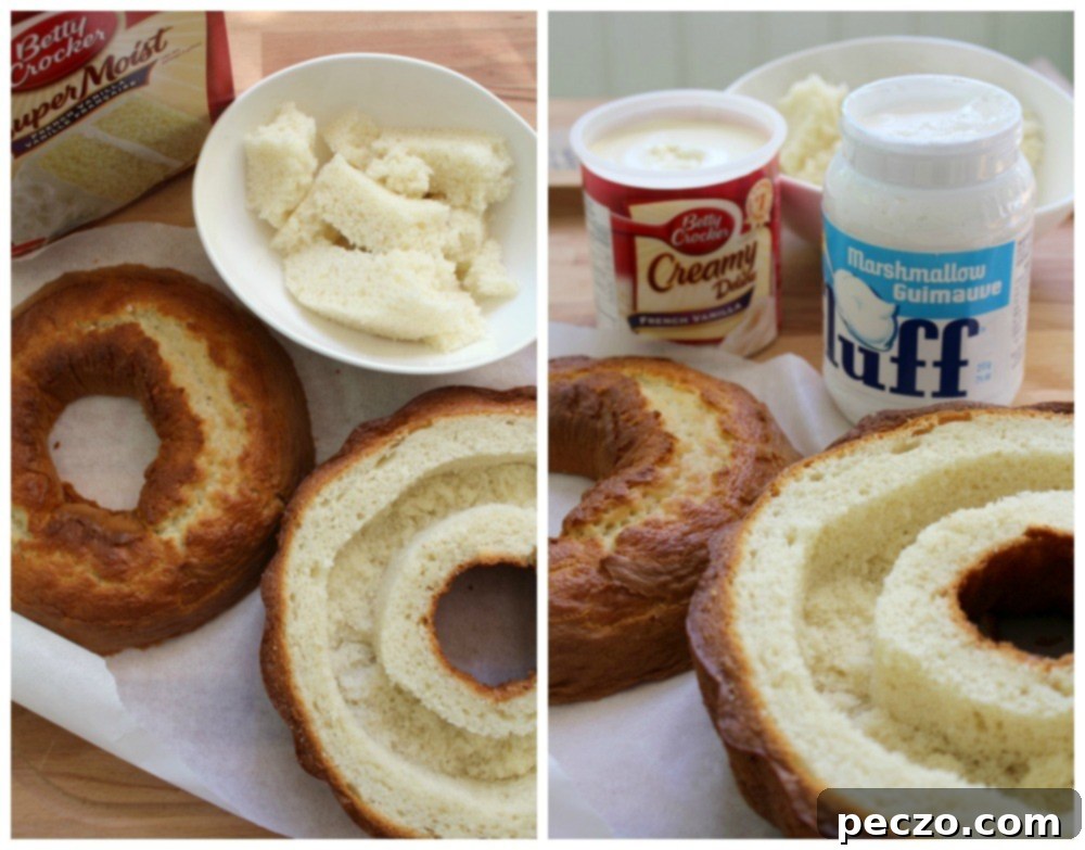 The hollowed-out bundt cake, ready for filling with creamy marshmallow mixture