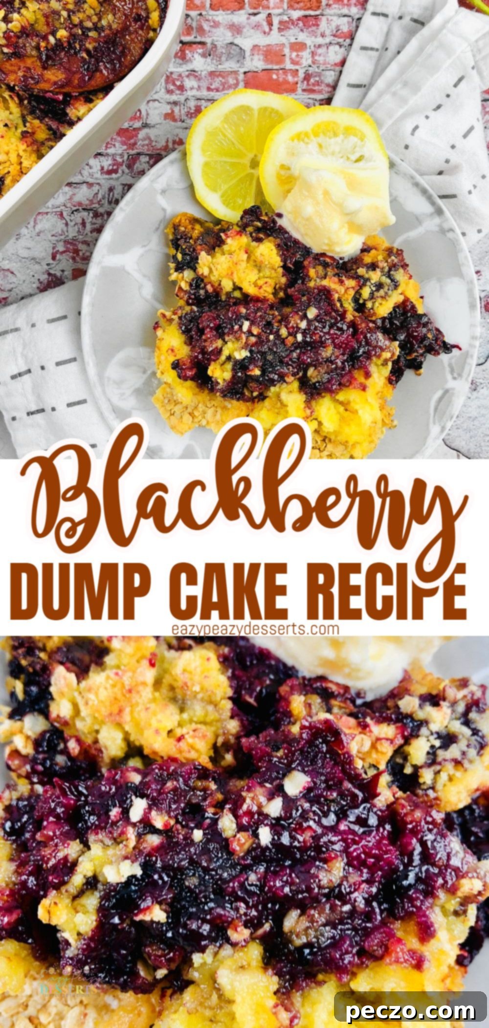 Photo collage of blackberry cobbler with lemon cake mix, on a serving plate garnished with two lemon slices, perfect for Pinterest