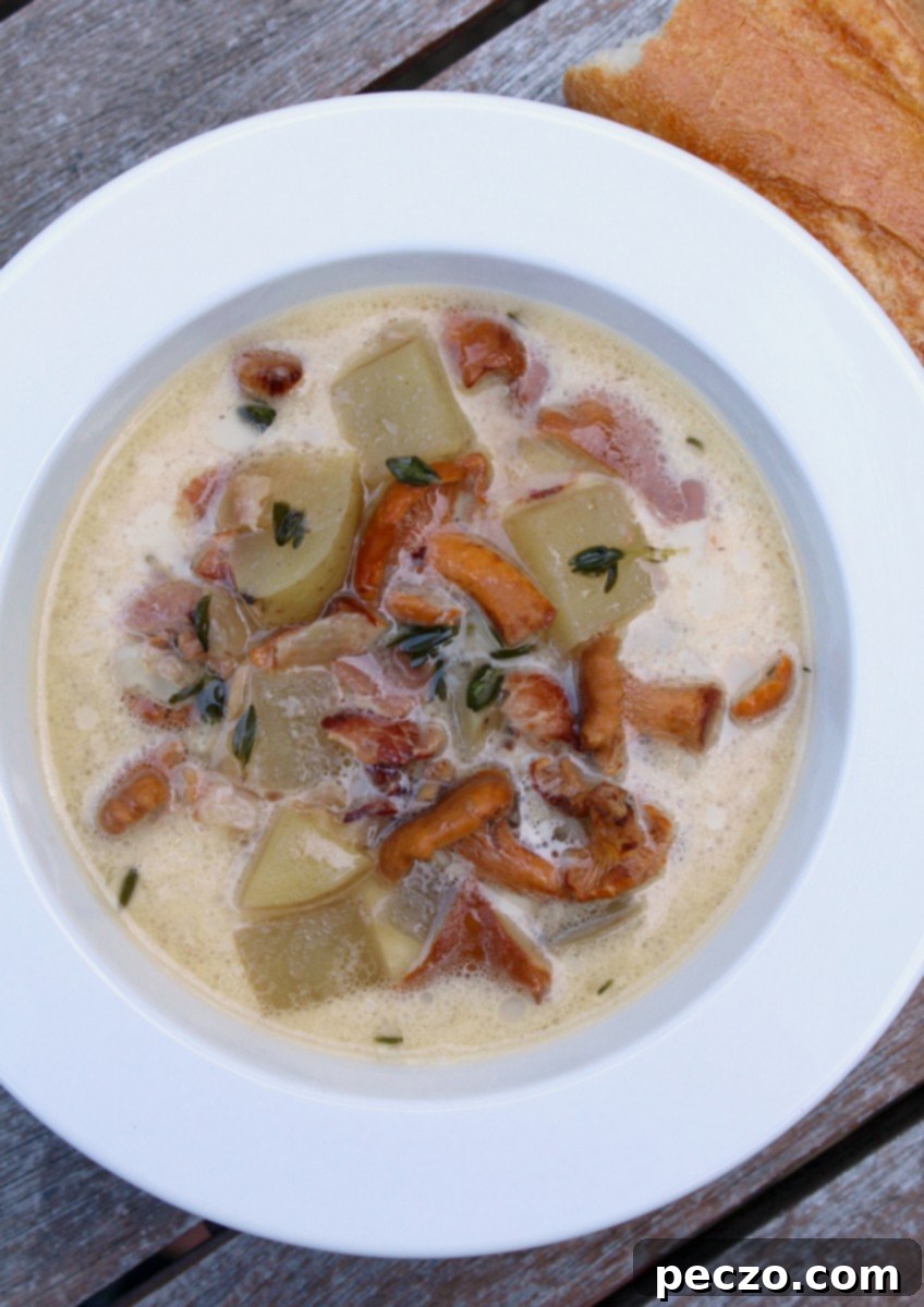 Chanterelle Chowder, a creamy soup featuring foraged chanterelle mushrooms from Tofino, BC