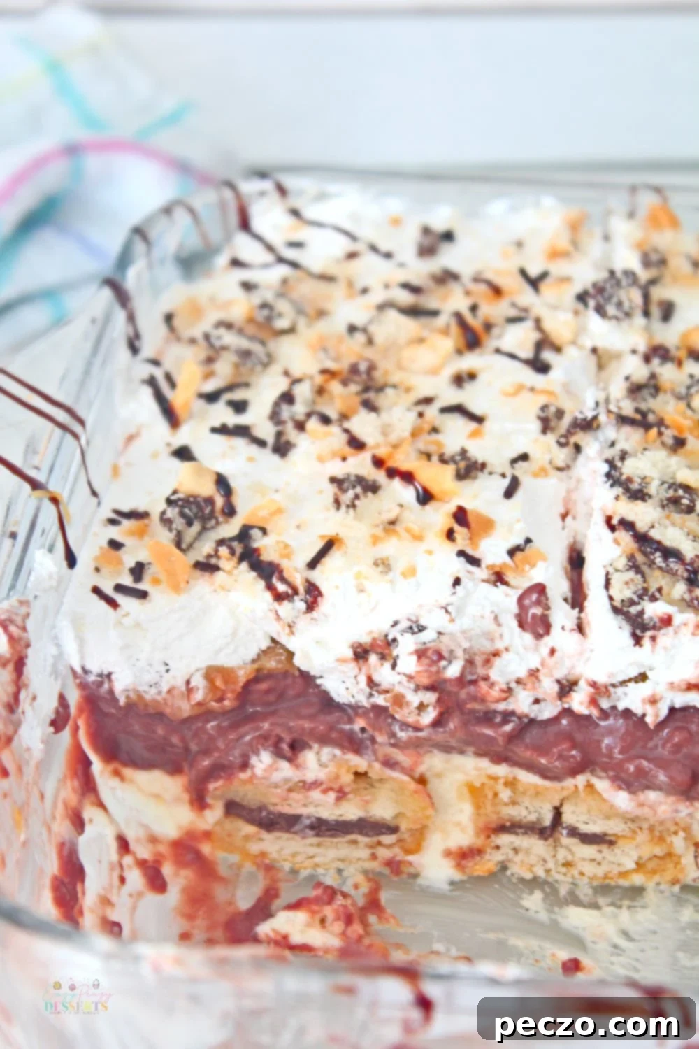 Close up image of a baking dish filled with chocolate lasagna recipe, showcasing its distinct layers.