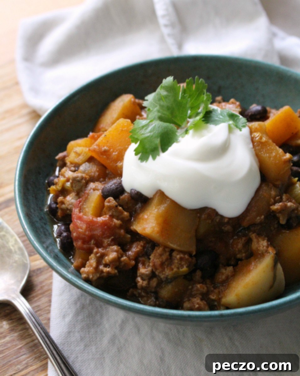 Hearty Turkey Butternut Squash Chili, perfect for fall