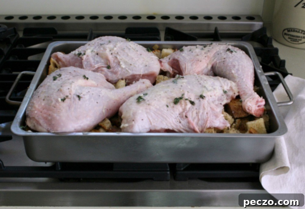 close up of turkey pieces and stuffing in pan