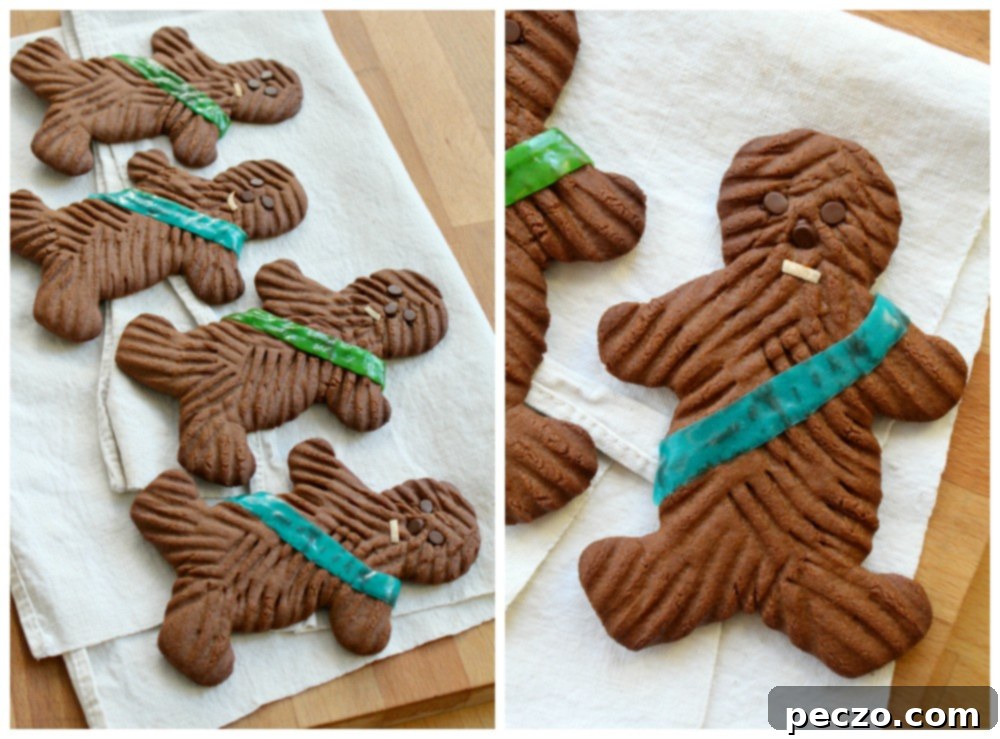 Close-up of Wookie Cookies decorated with bandoliers, mini chocolate chip eyes, and coconut mouths
