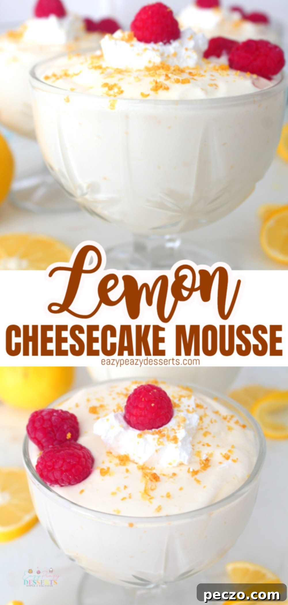 Photo collage of lemon mousse in ice cream cups, decorated with fresh raspberries, whipped cream and lemon zest