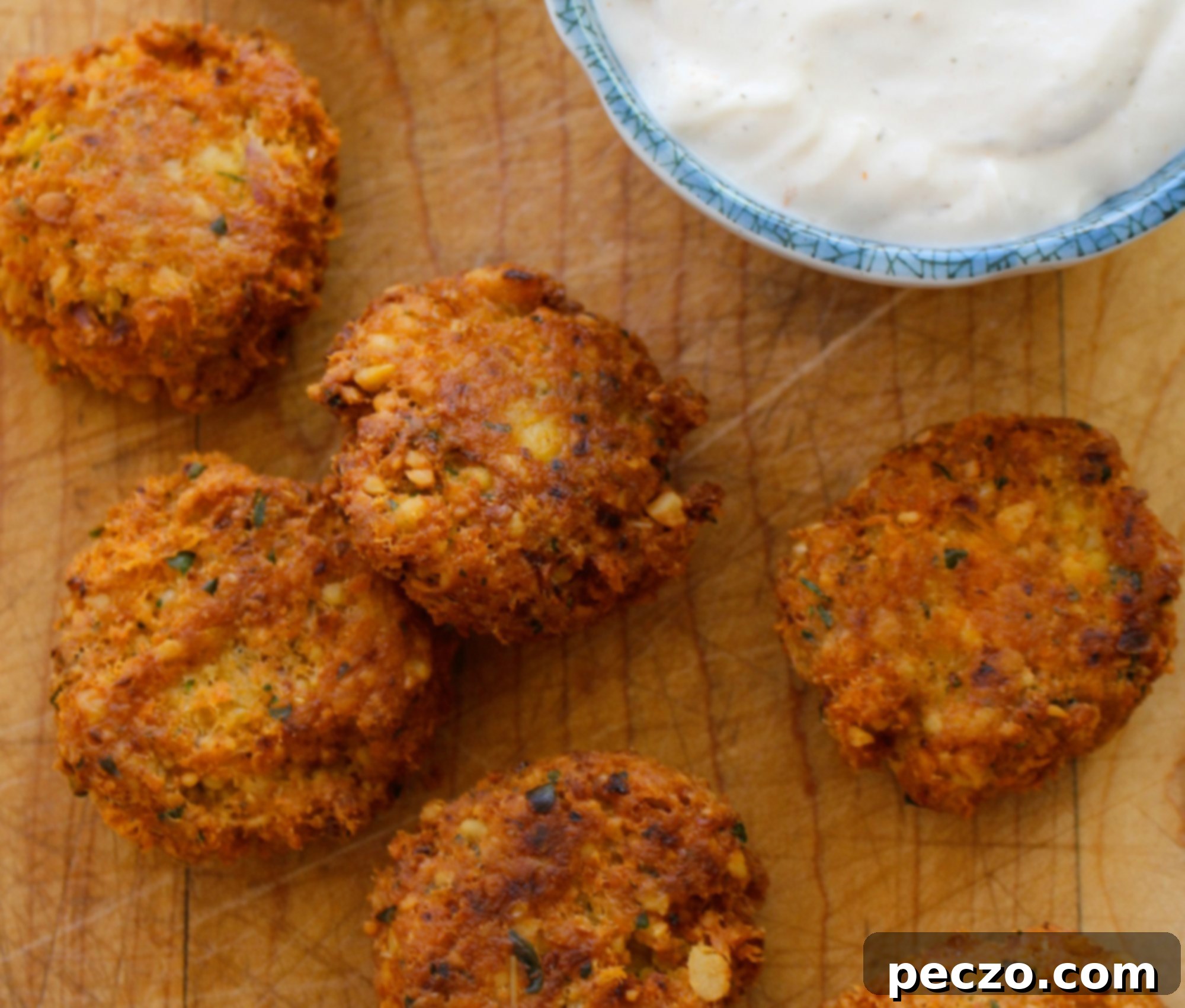 Close-up of golden brown salmon falafel
