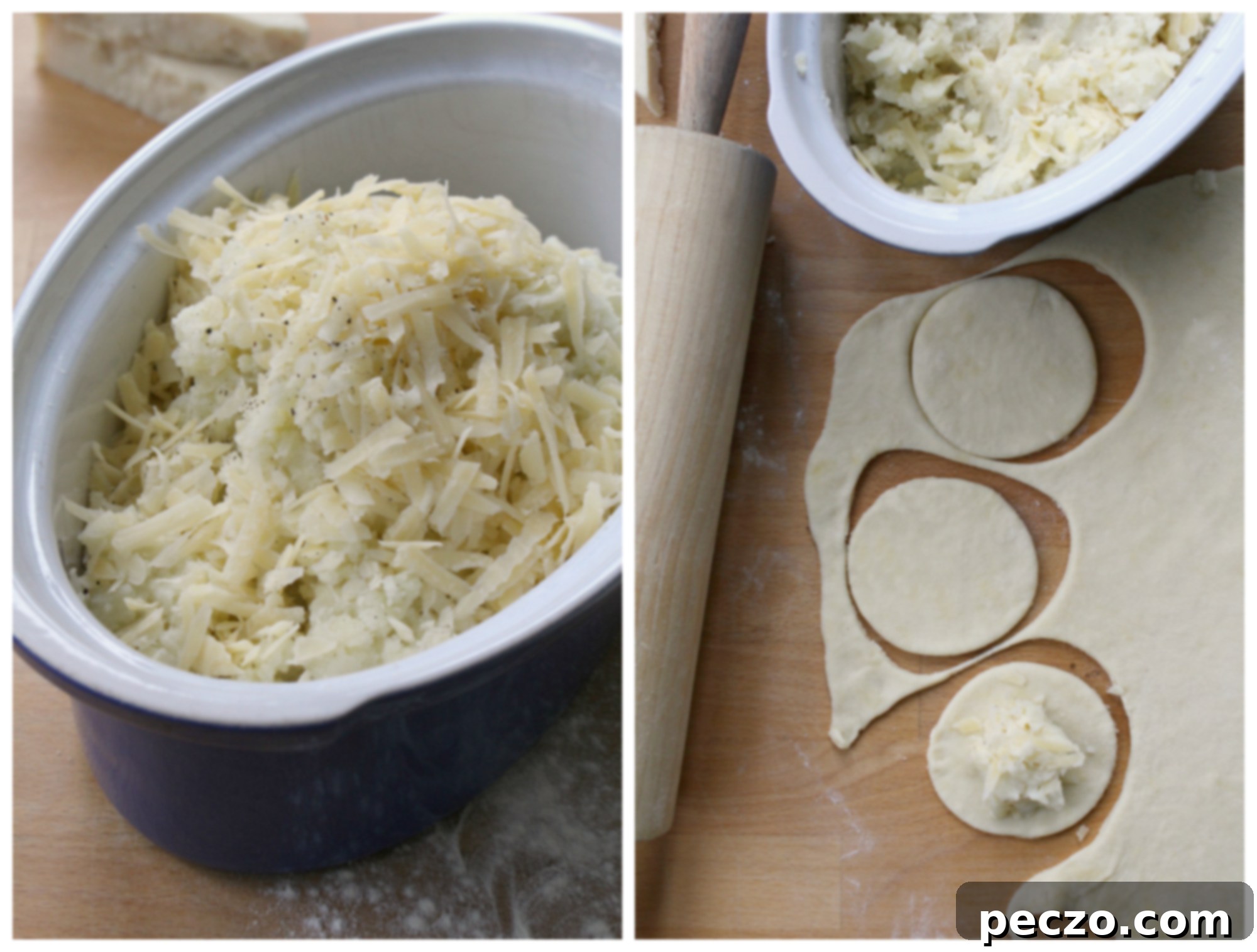 Close-up of filling perogies with cheese and potato mixture