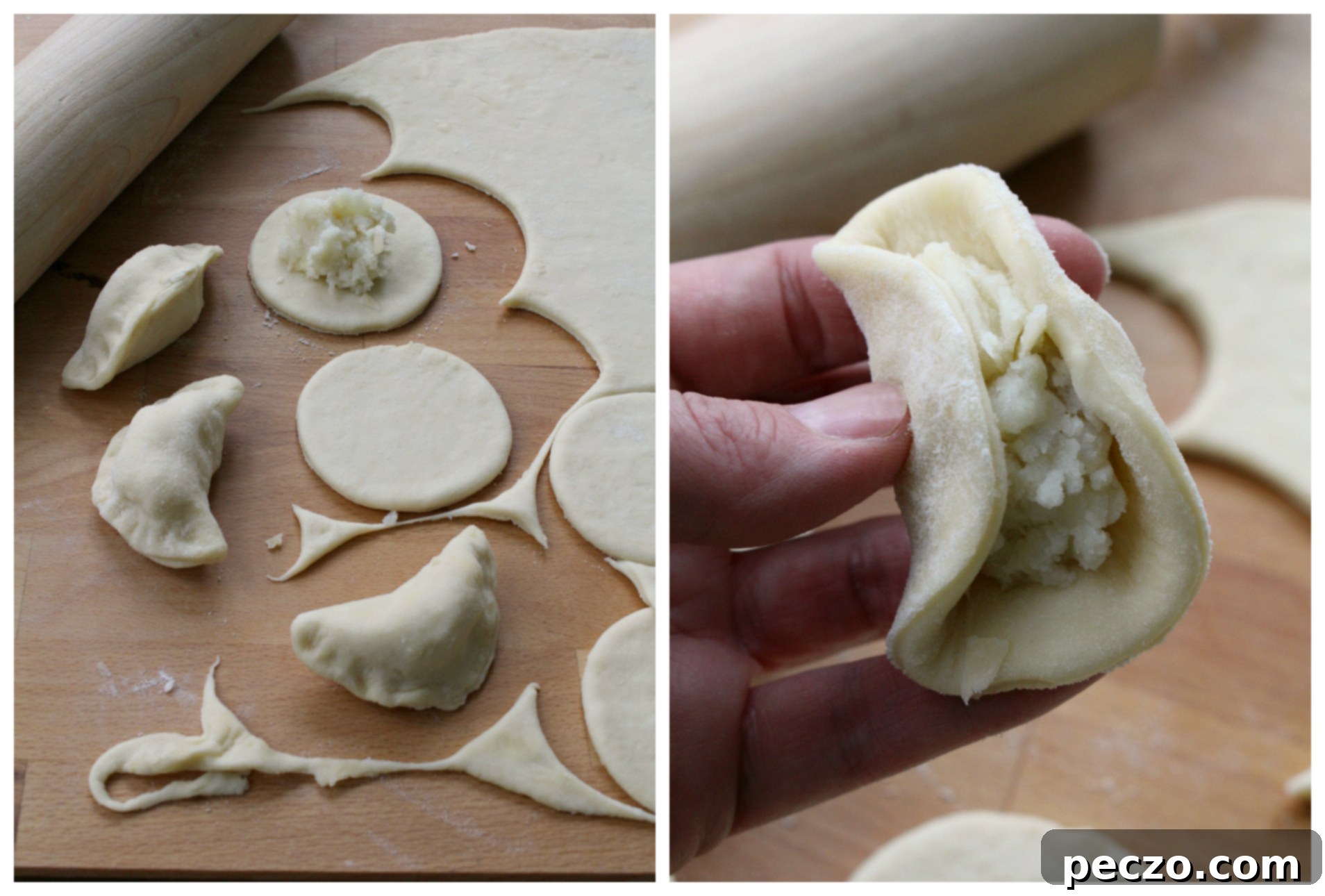 Assembling perogies, showing the dough being sealed around the filling
