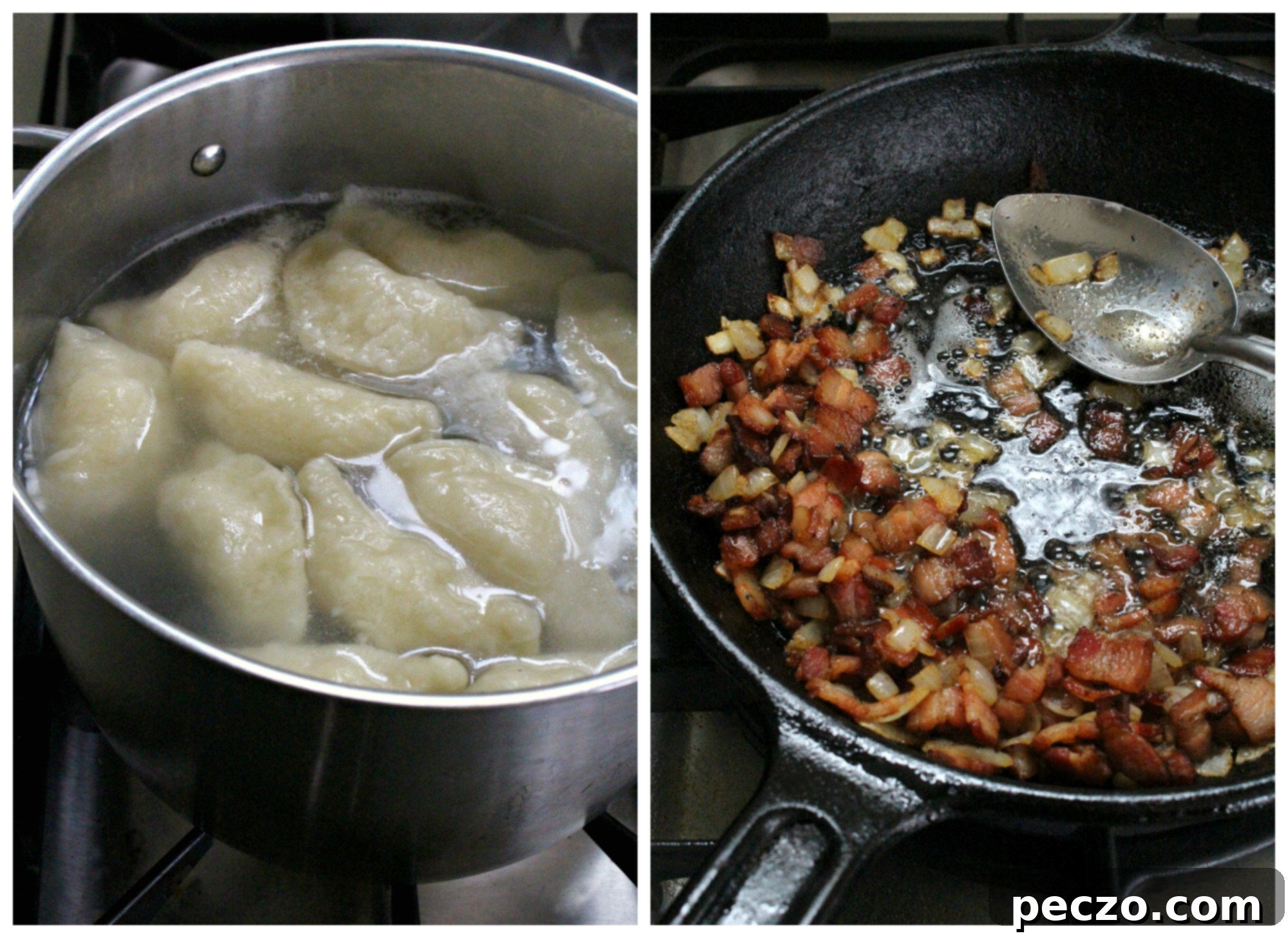 Boiling perogies, with bacon and onions ready in a skillet