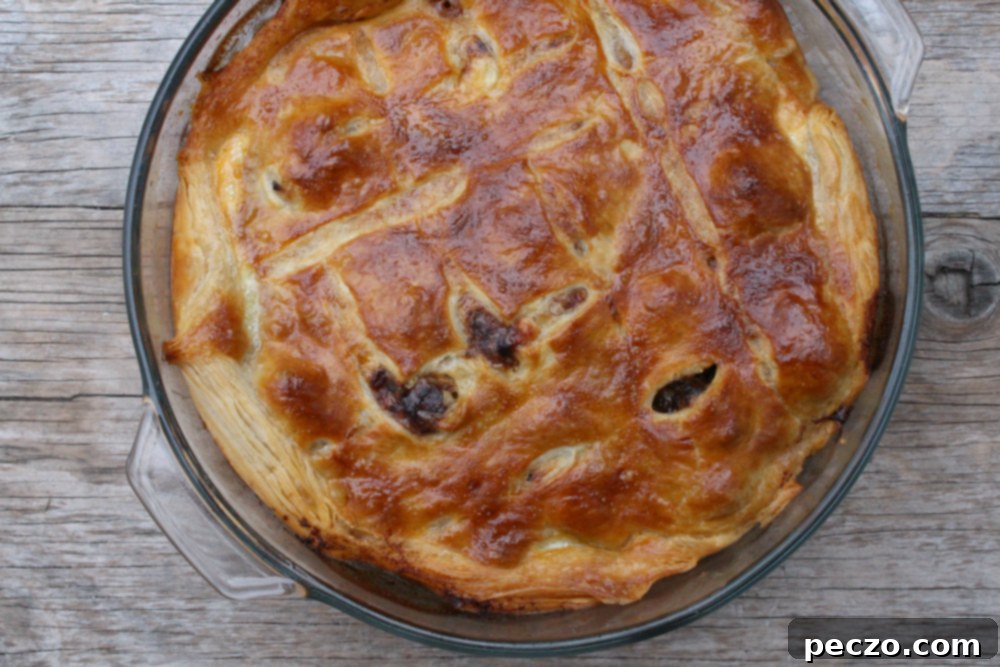 Cooked beef and Guinness pie ready to serve with peas