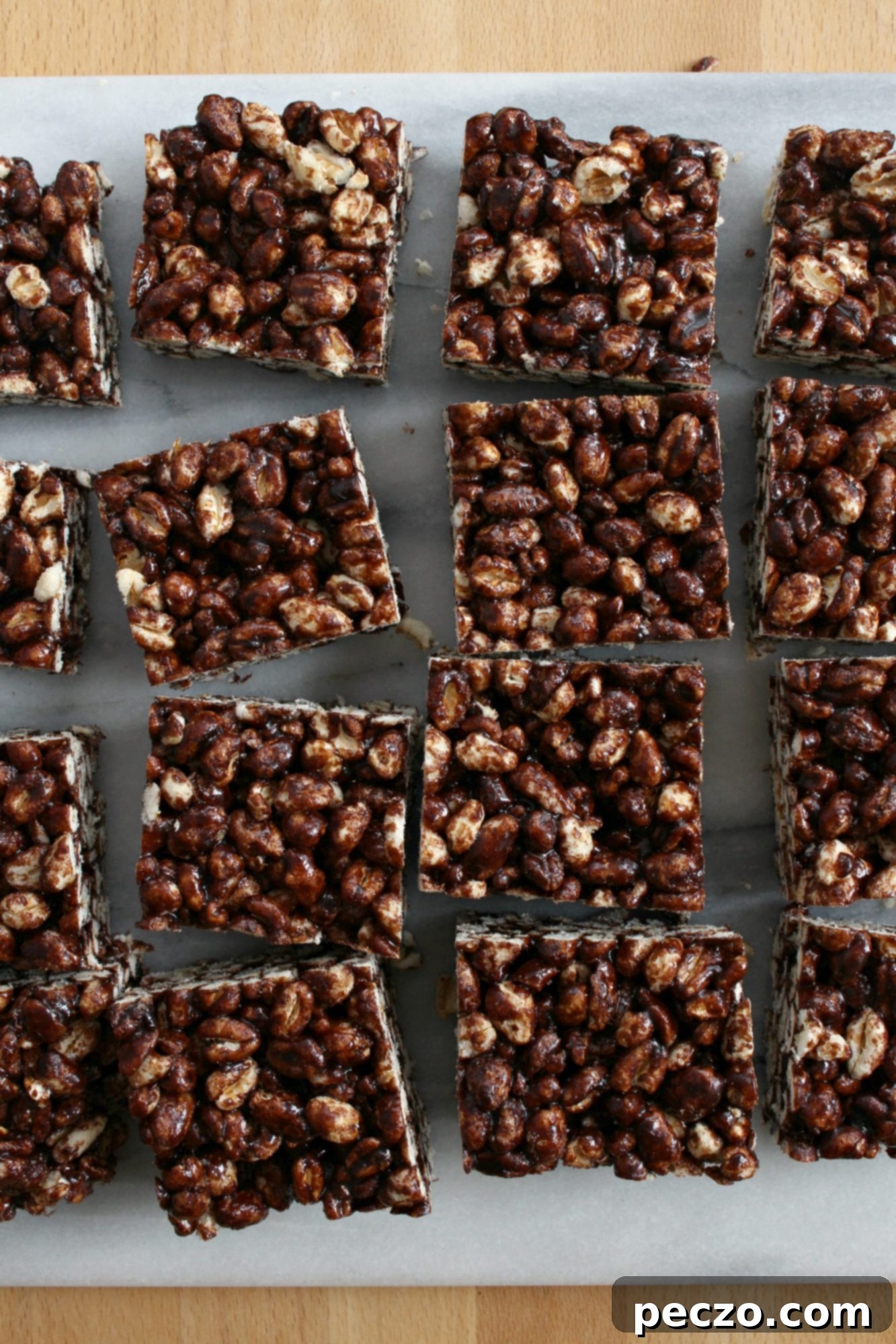Delicious freshly made Puffed Wheat Squares, ready to eat.