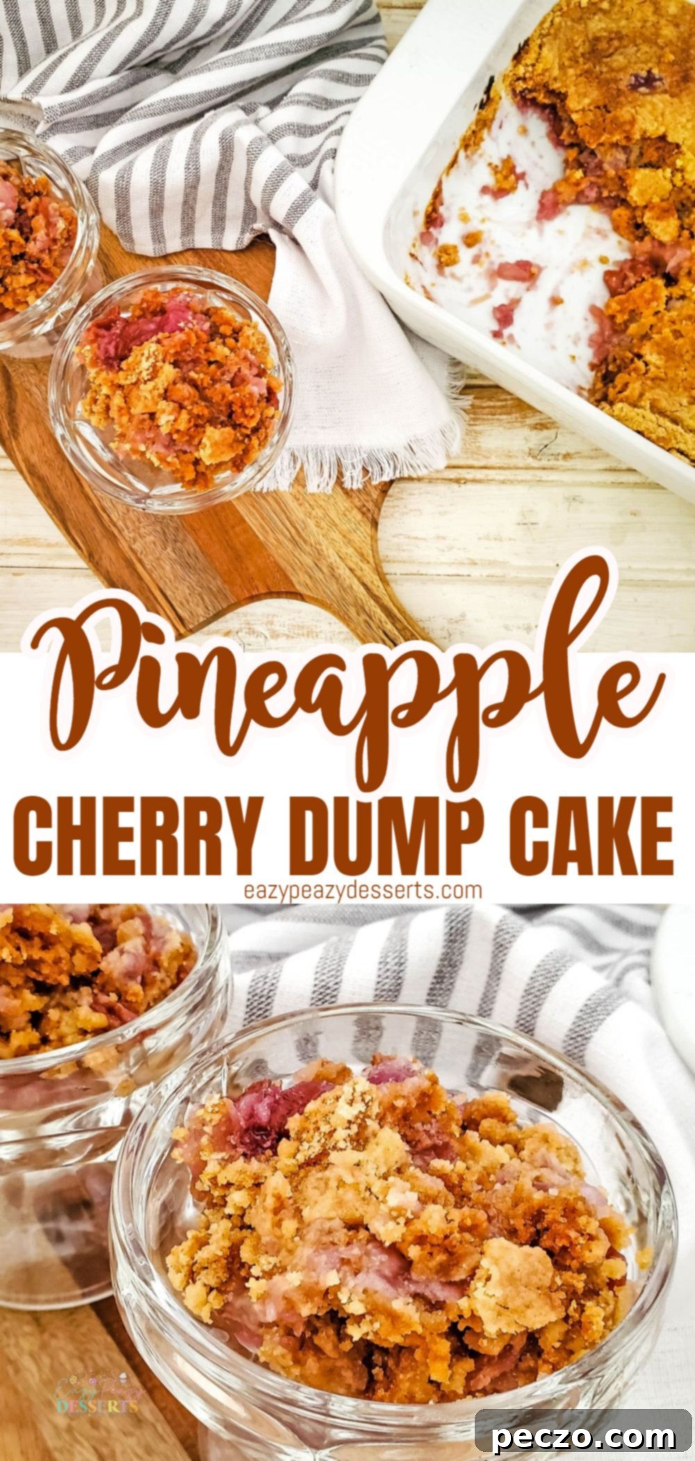 A Pinterest-style graphic featuring the cherry pineapple dump cake, with text overlay encouraging pinning the recipe.