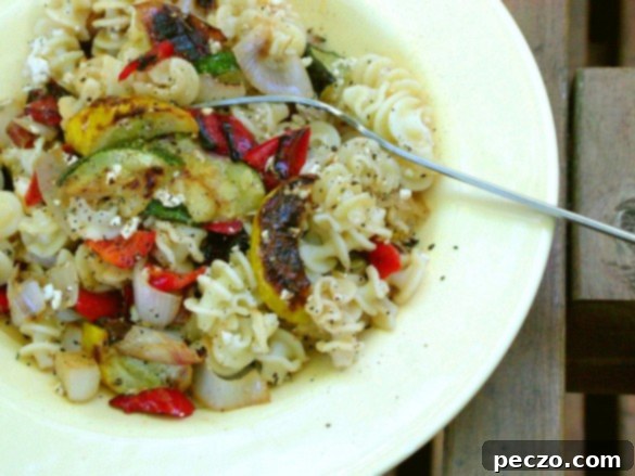 Roasted Vegetable and Feta Pasta with Zucchini, Red Pepper, and Purple Onion