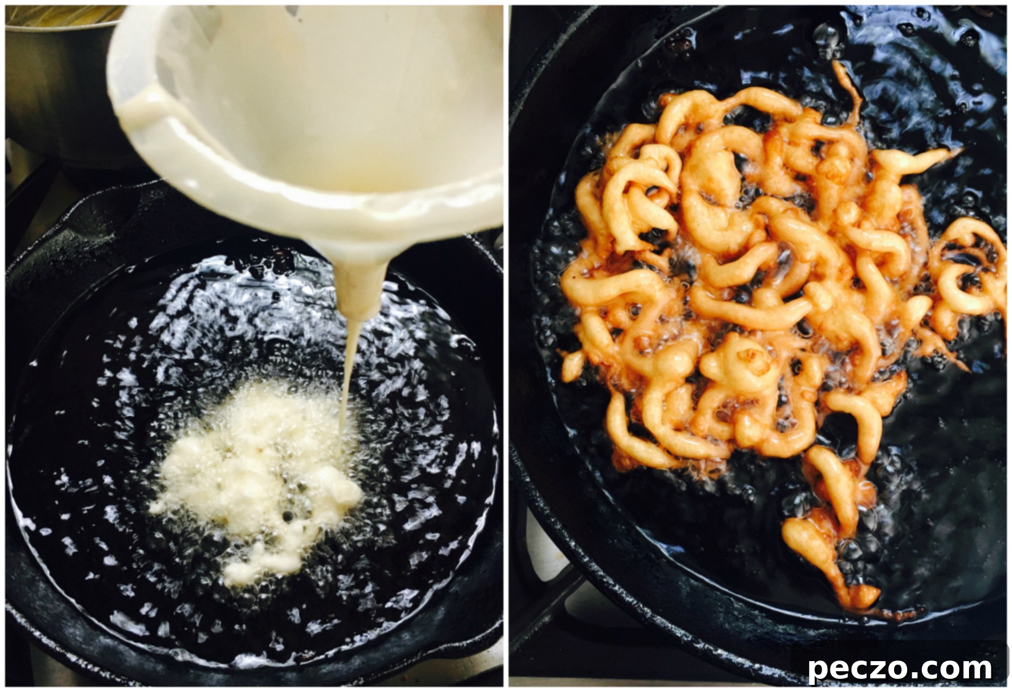 Hands demonstrating cooking funnel cakes in hot oil