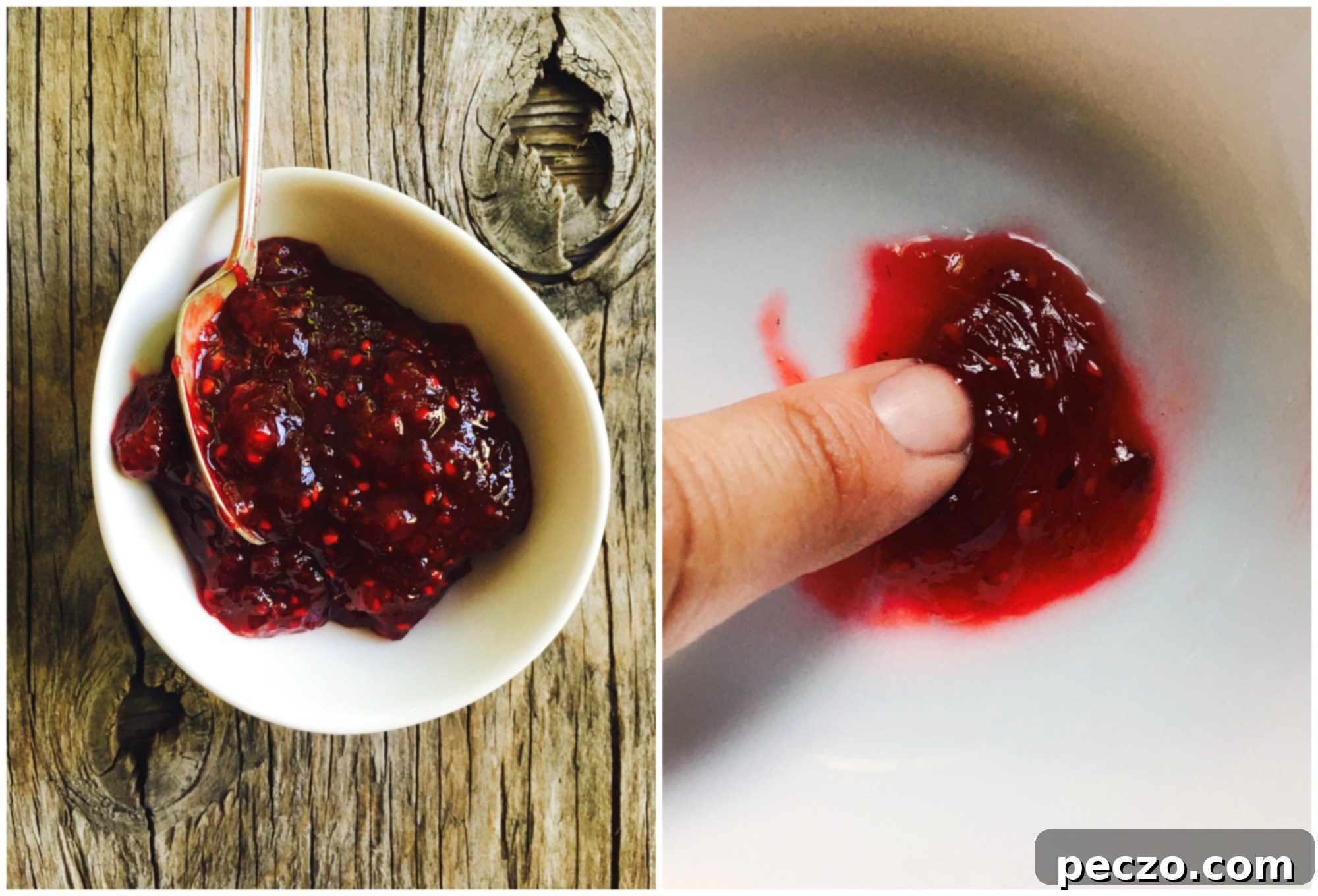 A spoon with simmering red jam is carefully lifted and drizzled onto a chilled plate, illustrating the crucial 'wrinkle test' for checking jam consistency. The technique ensures the jam sets perfectly, capturing the essence of the cooking process.