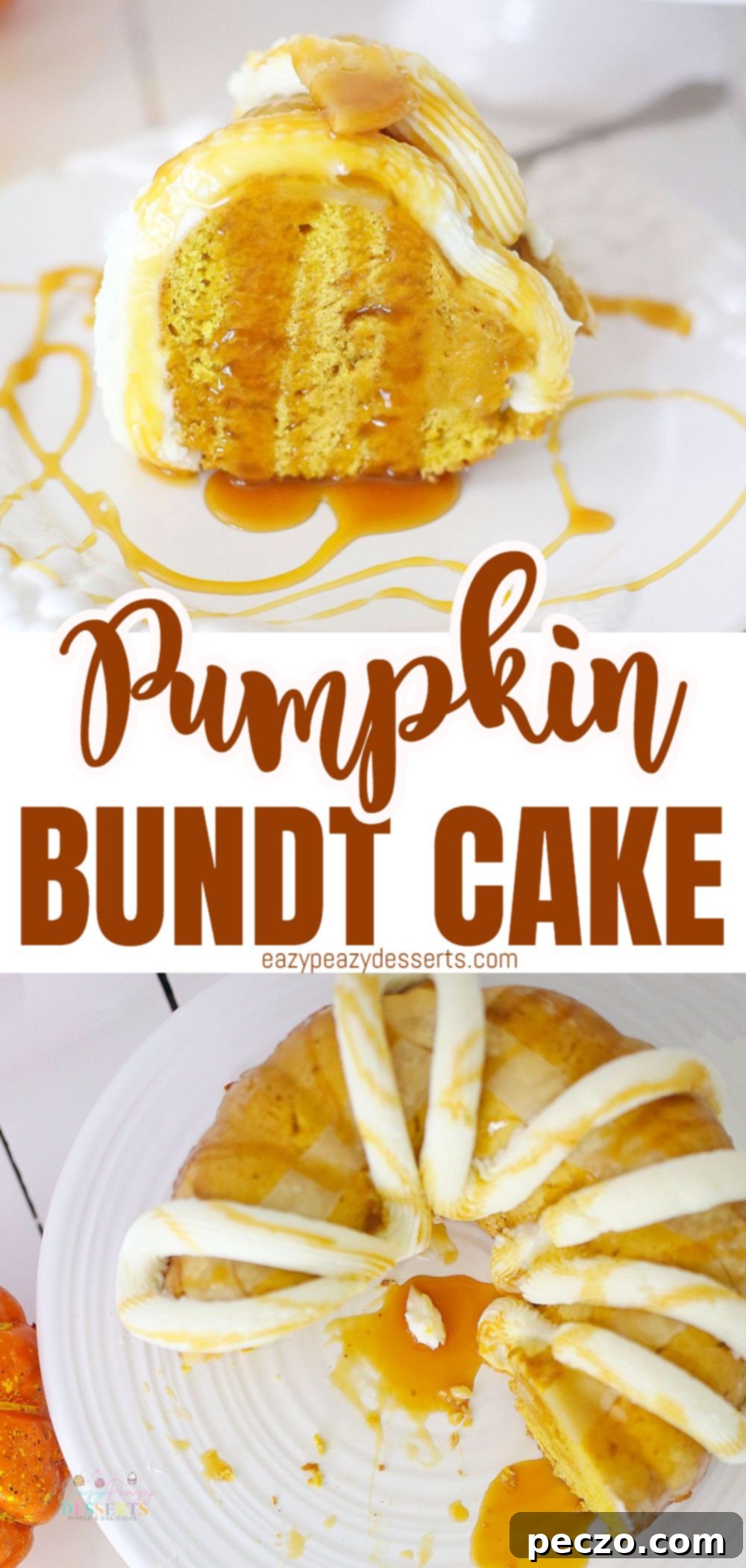 Pinterest Pin image for Pumpkin Bundt Cake recipe, showing a beautiful frosted cake