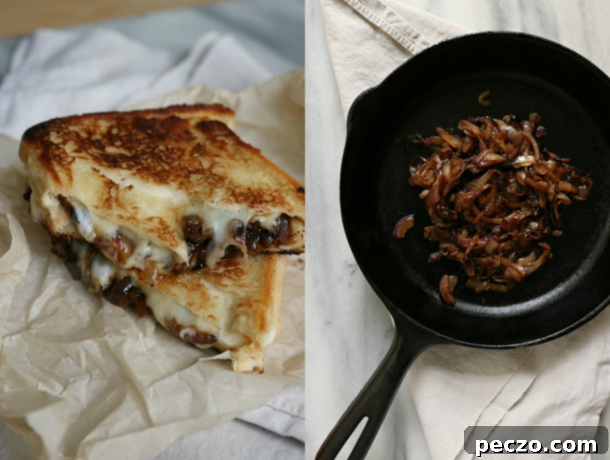 A gourmet French onion soup grilled cheese sandwich, with visible caramelized onions and melted, stretchy Gruyere cheese oozing out, served with a side of chips.