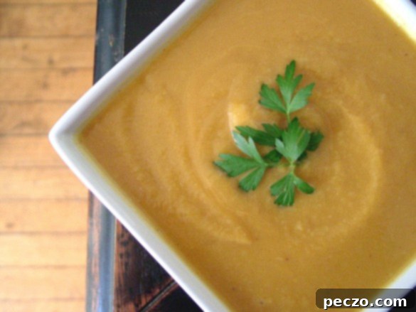 A steaming bowl of creamy pumpkin soup garnished with fresh herbs, ready to be enjoyed.
