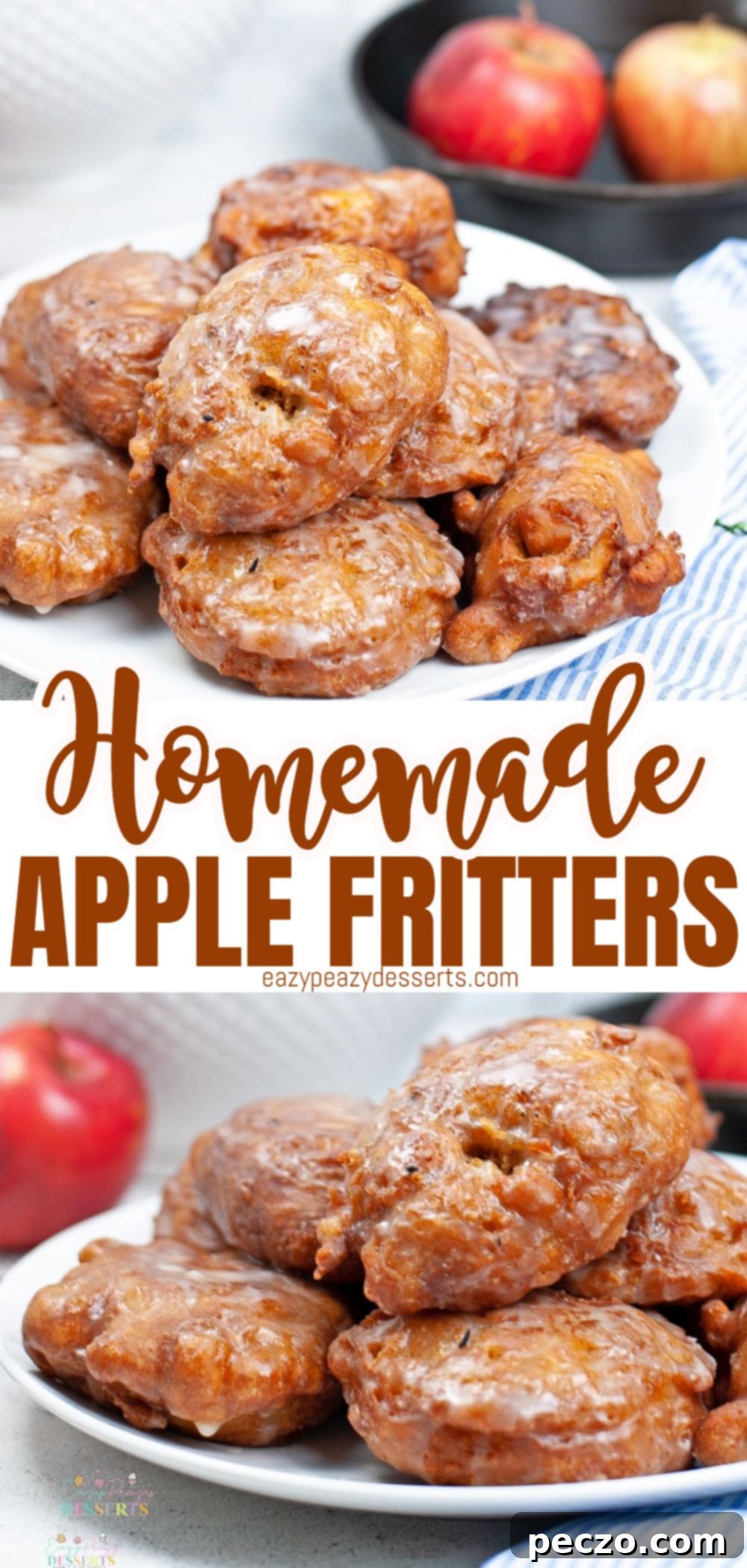 Photo collage featuring homemade apple fritters with vanilla glaze, perfect for saving to Pinterest