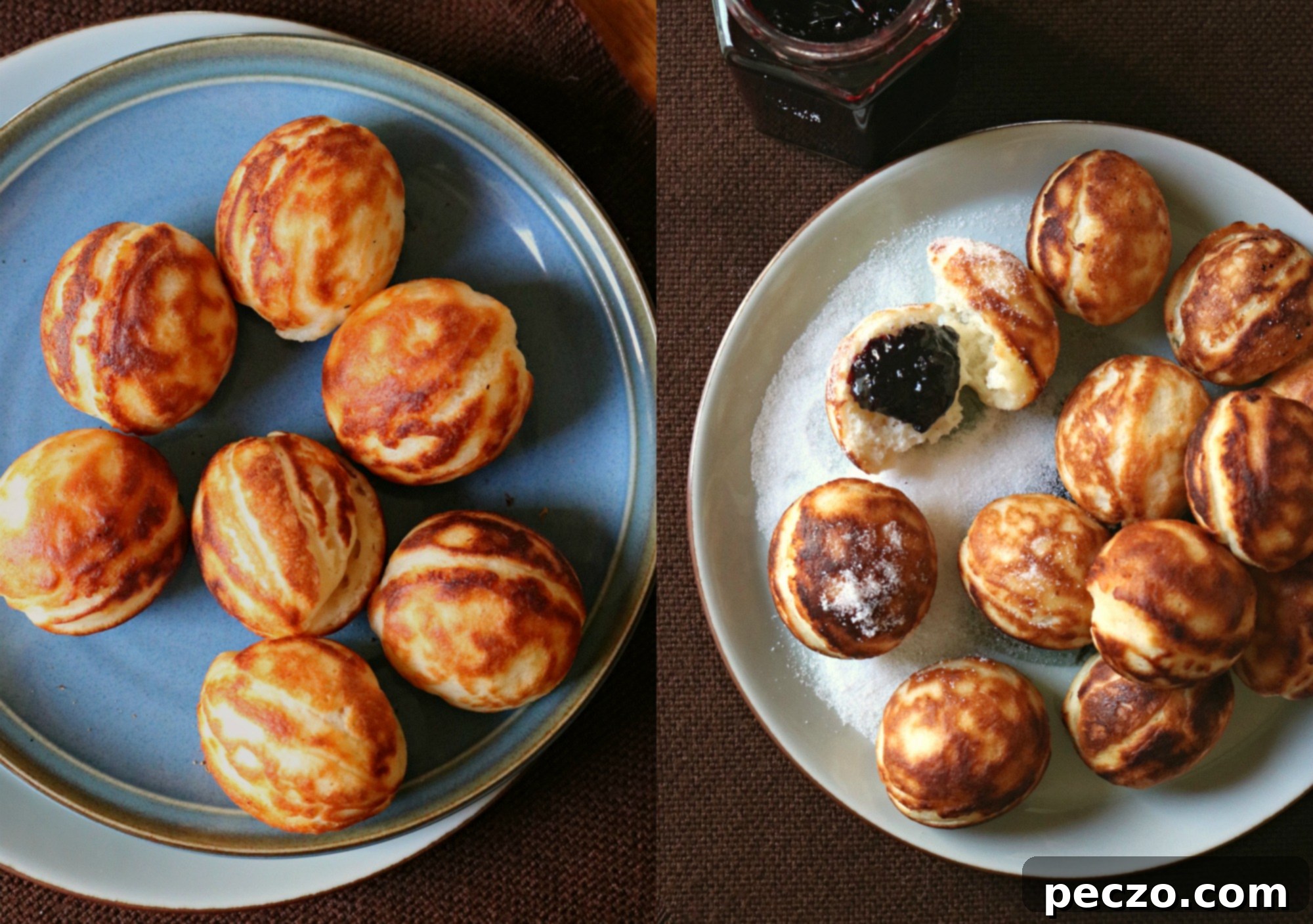 Ester & Aebleskiver: A beautiful shot of the finished Aebleskiver, golden brown and perfectly round, served with jam.
