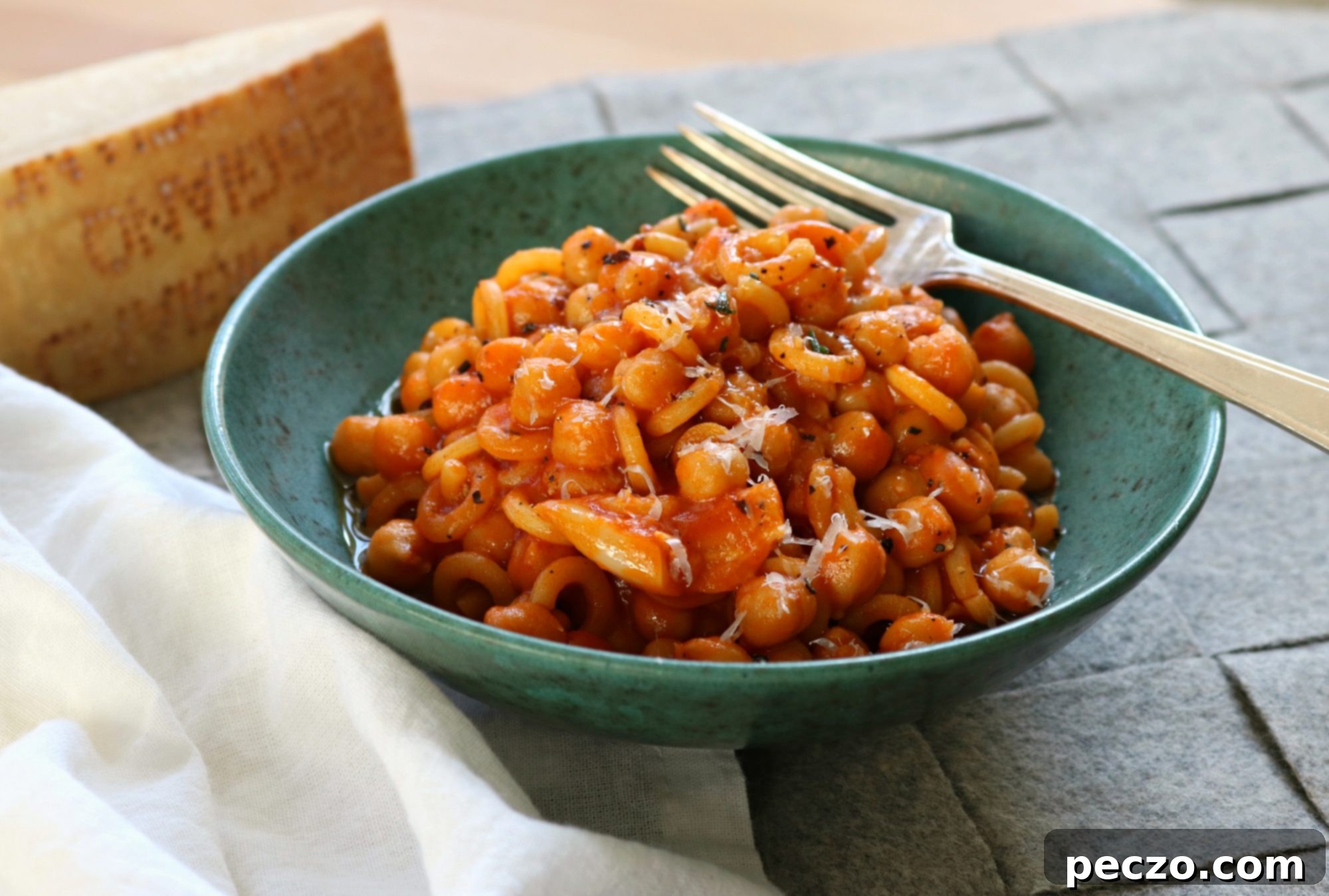 Close-up of a bowl of Pasta e Ceci with chickpeas and small pasta