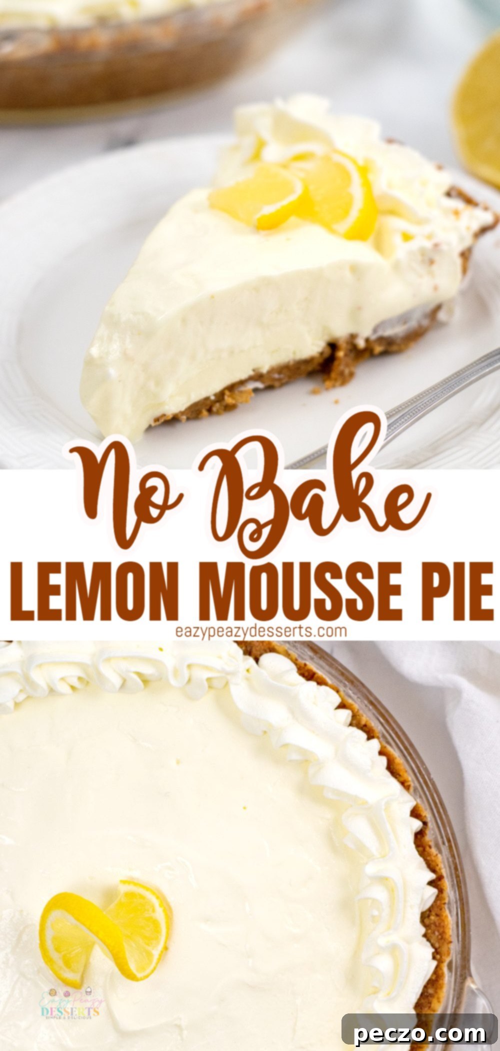 Photo collage of no bake lemon pie in a serving plate and in a baking dish
