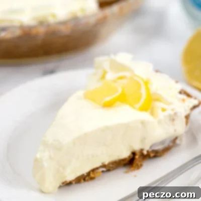 Image of a slice of lemon pie in a serving plate, decorated with a slice of lemon