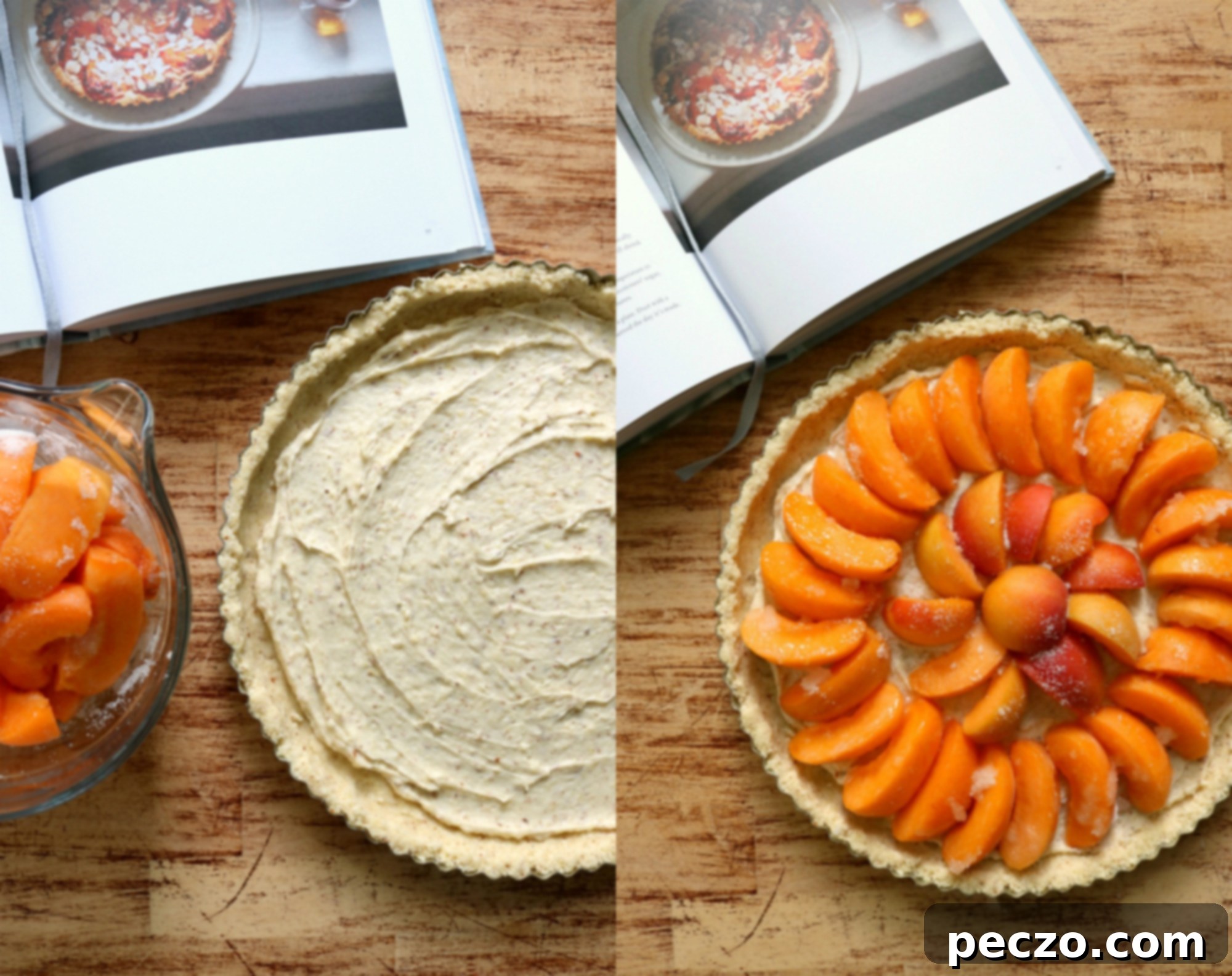 Side view of the apricot tart, highlighting the thick apricot slices and golden frangipane