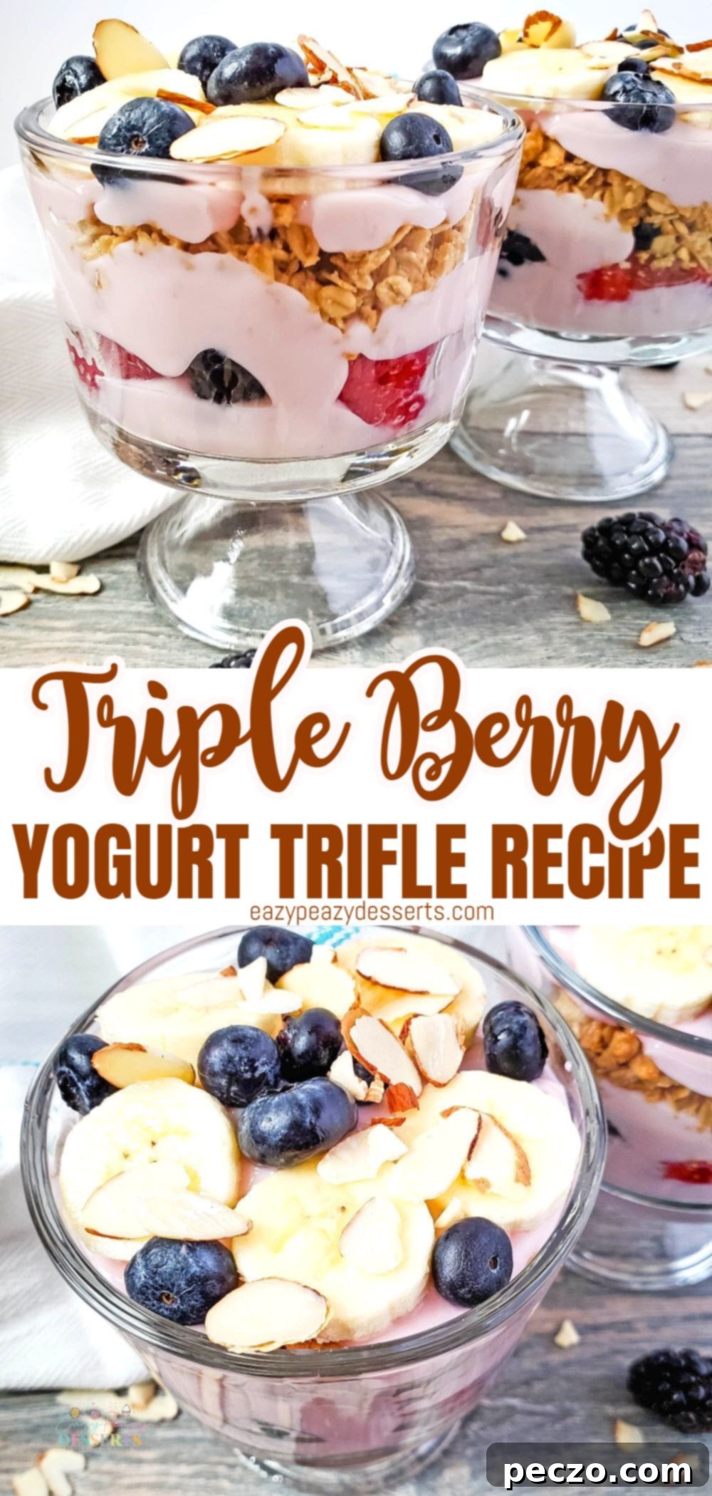 Photo collage of berry trifle with bananas and almonds, perfect for Pinterest.