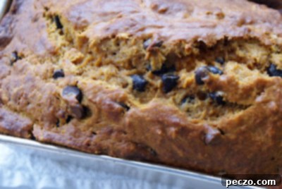 Close-up of a slice of homemade chocolate chip pumpkin bread on a wooden board.
