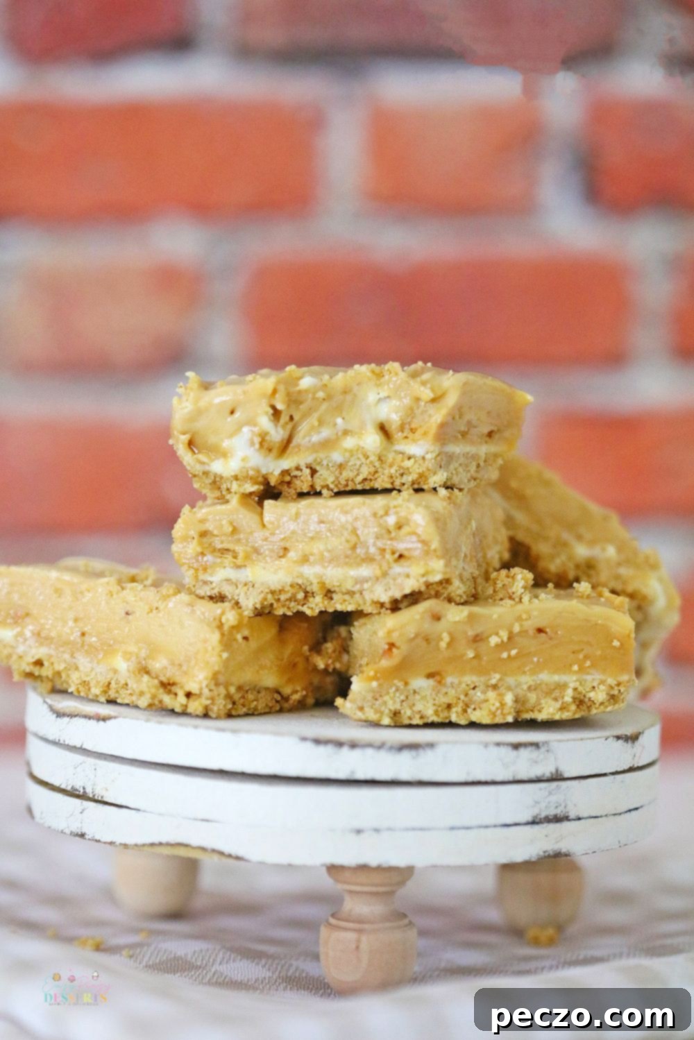 A close-up shot of several squares of rich peanut butter chocolate fudge, showing off its smooth texture and delicious appearance on a dessert plate.