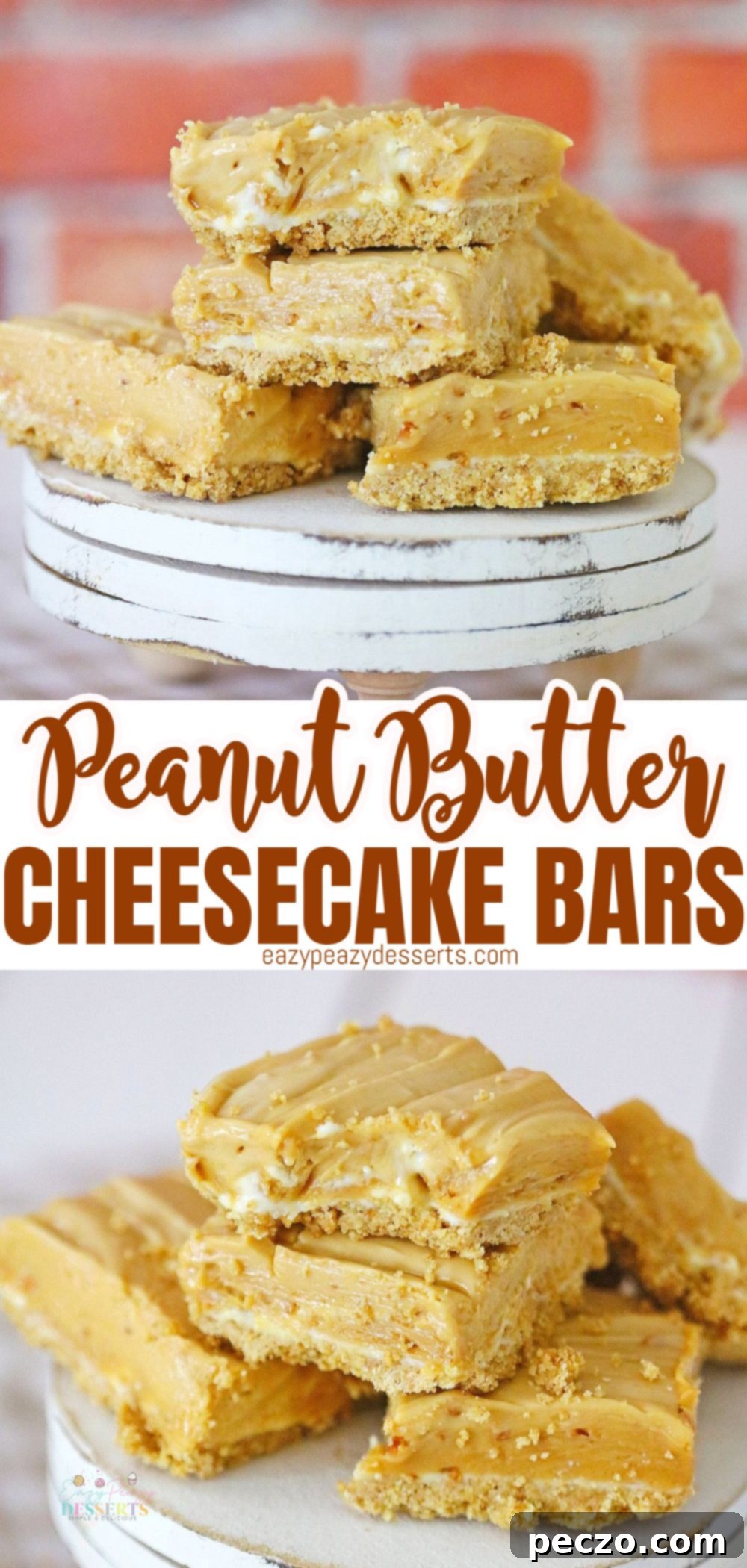 A photo collage showcasing the delicious creamy peanut butter fudge cheesecake bars with a golden graham cracker crust, perfect for pinning and saving.