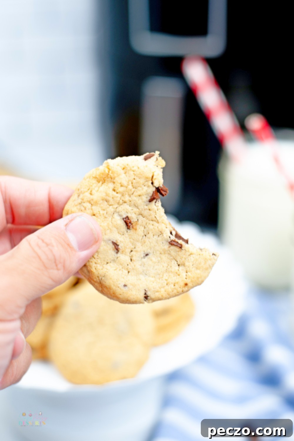 Close up image of an air fried chocolate chip cookie