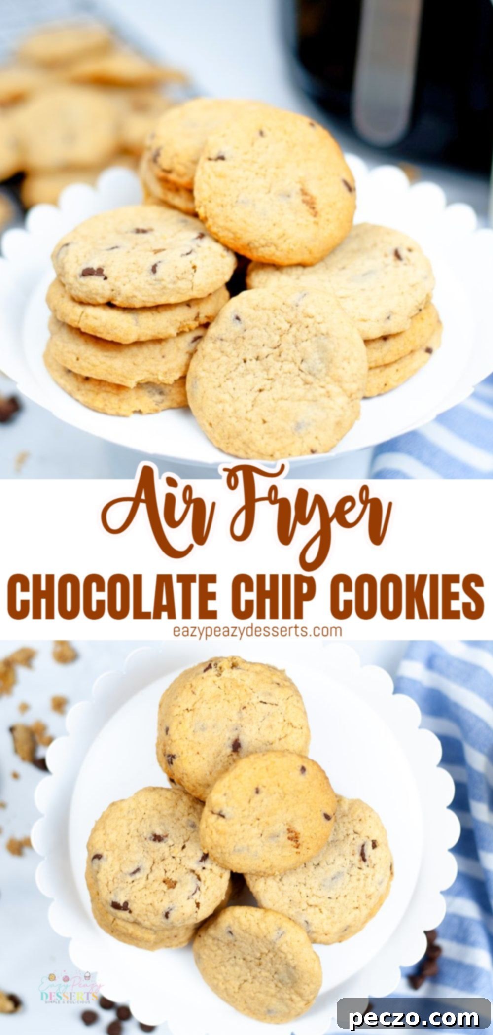 Photo collage of air fryer chocolate chip cookies photographed in a white serving plate from an overhead angle and a front angle.