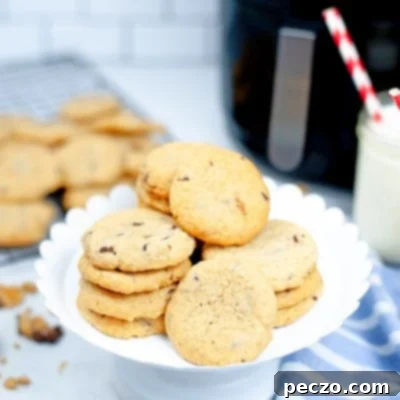 Image of air fryer chocolate chip cookies in a dessert plate, photographed from front view