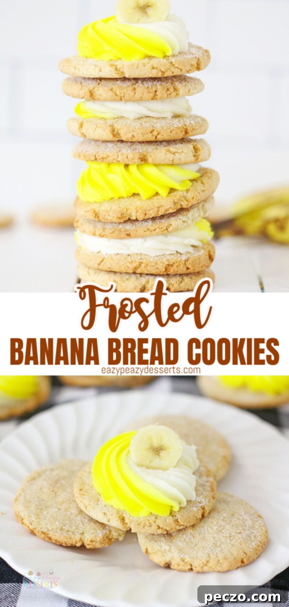 Photo collage of banana bread cookies with white and yellow cream cheese frosting