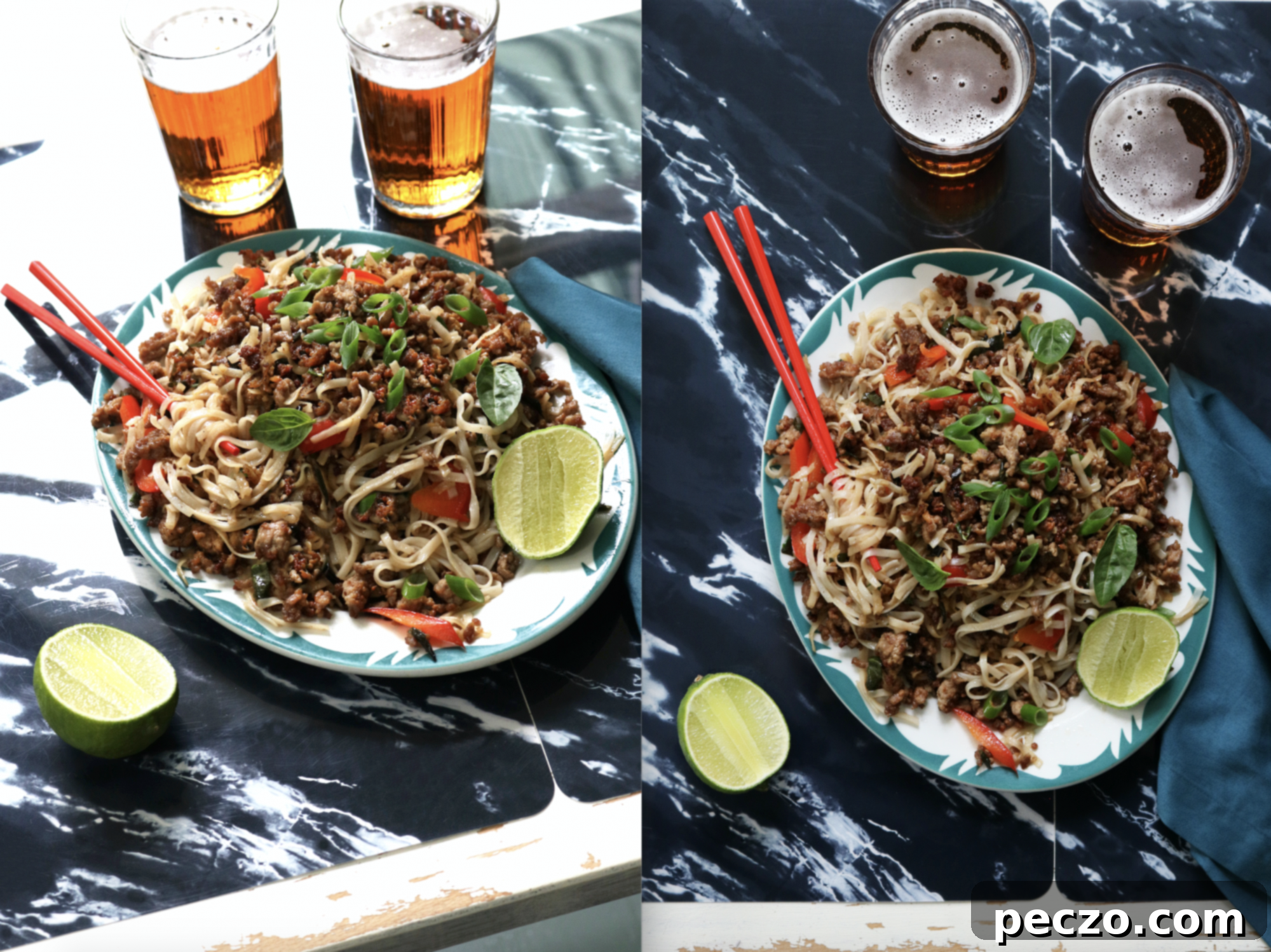 Close-up of Drunken Noodles with crispy pork, wide noodles, and basil, garnished with peanuts