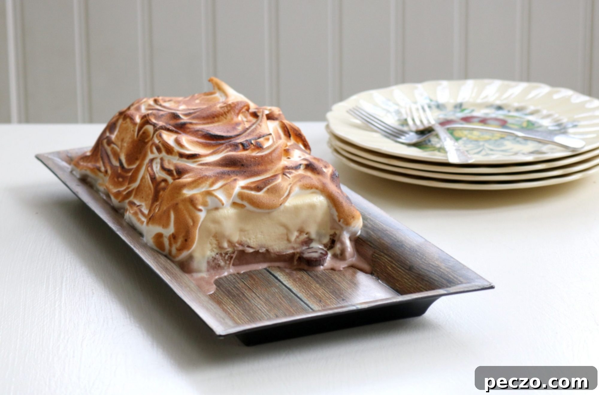 Beautifully torched meringue topping a layered ice cream cake, ready to be served