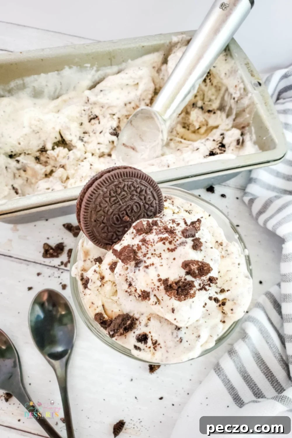 Over head image of Oreo cookies and cream ice cream