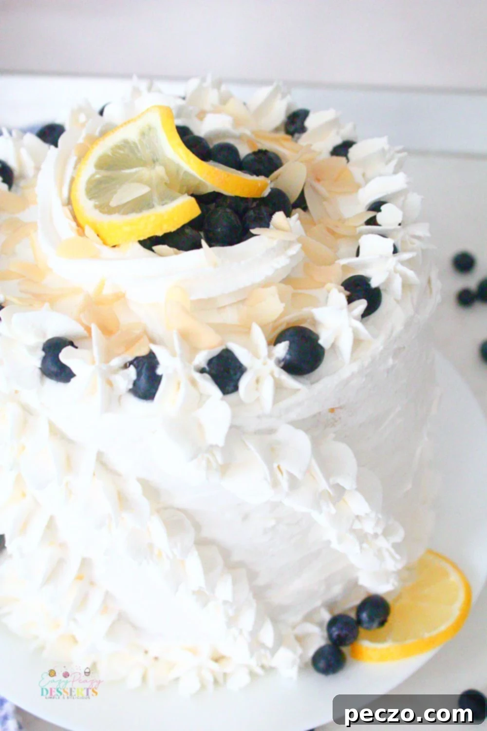 Close up image of a simple lemon blueberry cake slice showing the layers