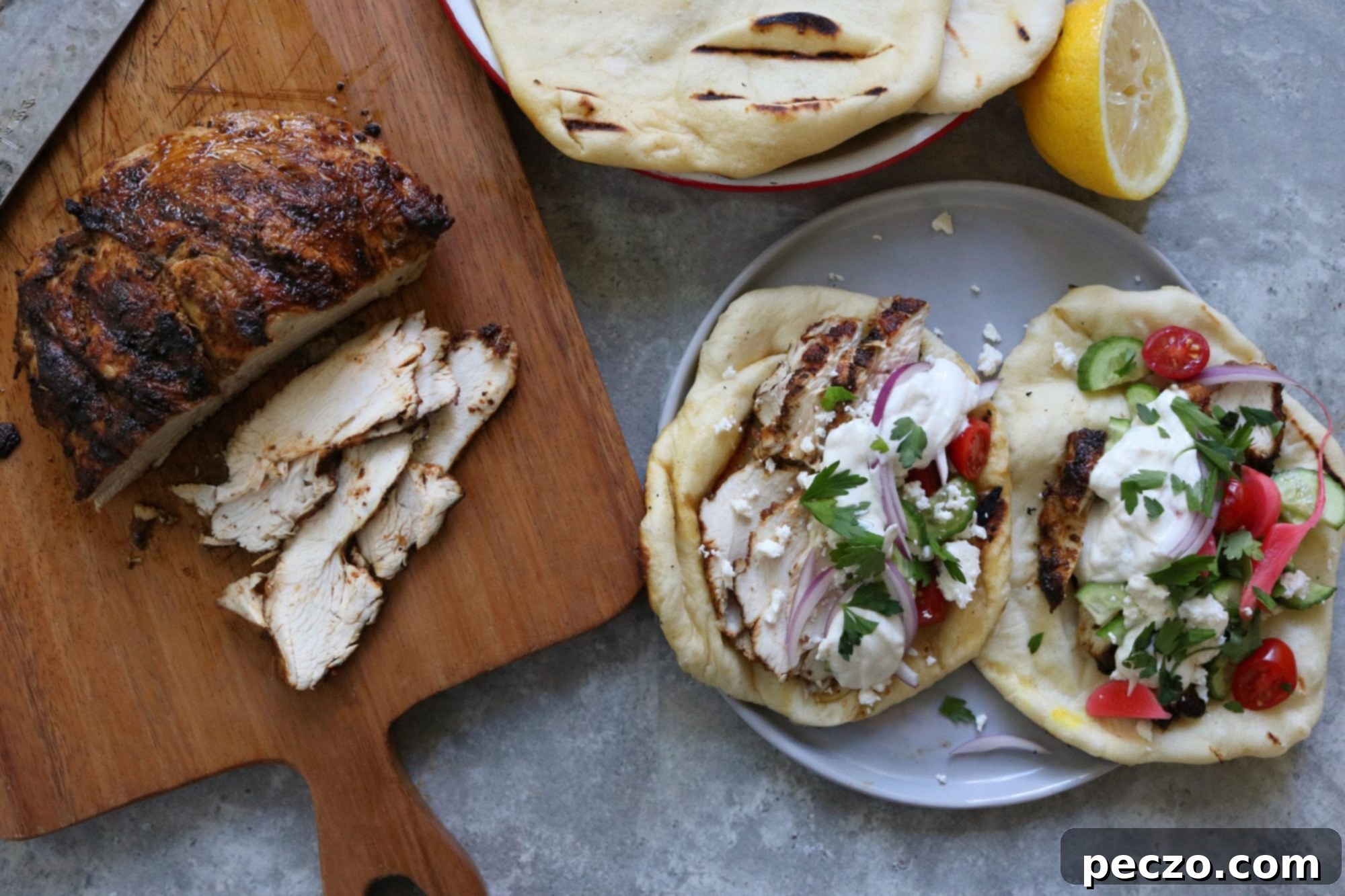 Delicious turkey shawarma plate with fresh vegetables and flatbread