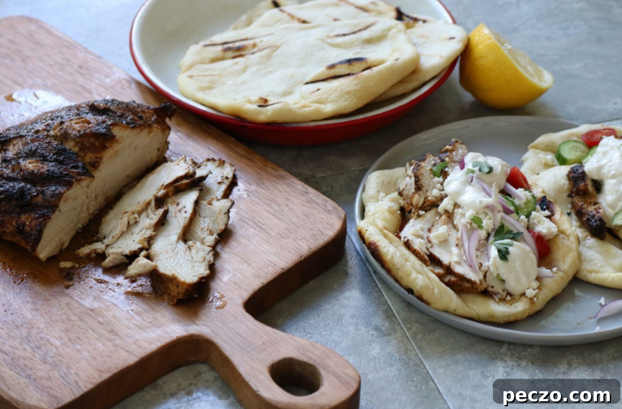 Close-up of marinated turkey shawarma meat cooking in a skillet