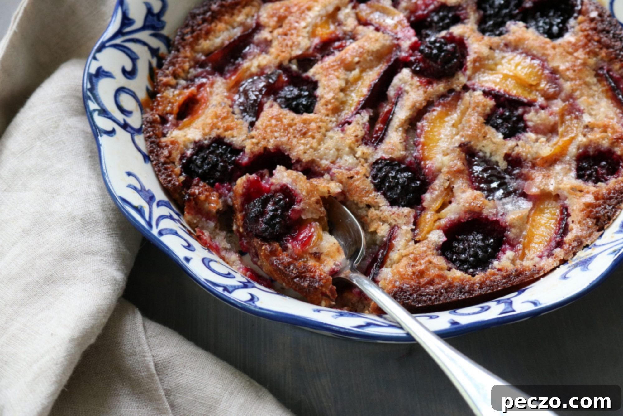 A golden-brown friand in a baking dish, with a spoon digging into a slice, revealing the juicy fruit inside