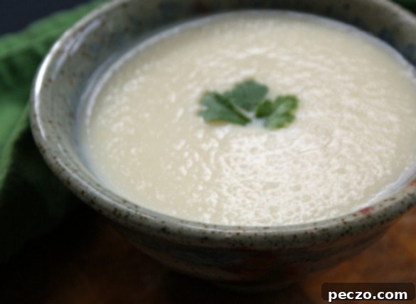 A beautifully presented bowl of creamy leek and potato soup, garnished with fresh herbs, ready to be served.
