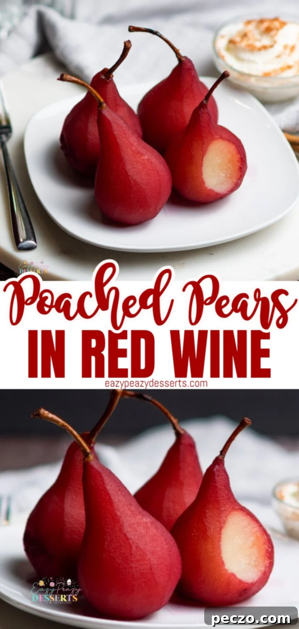 Photo collage of poached pears in red wine