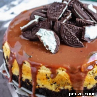 Close up image of Oreo cheesecake with chocolate ganache on top