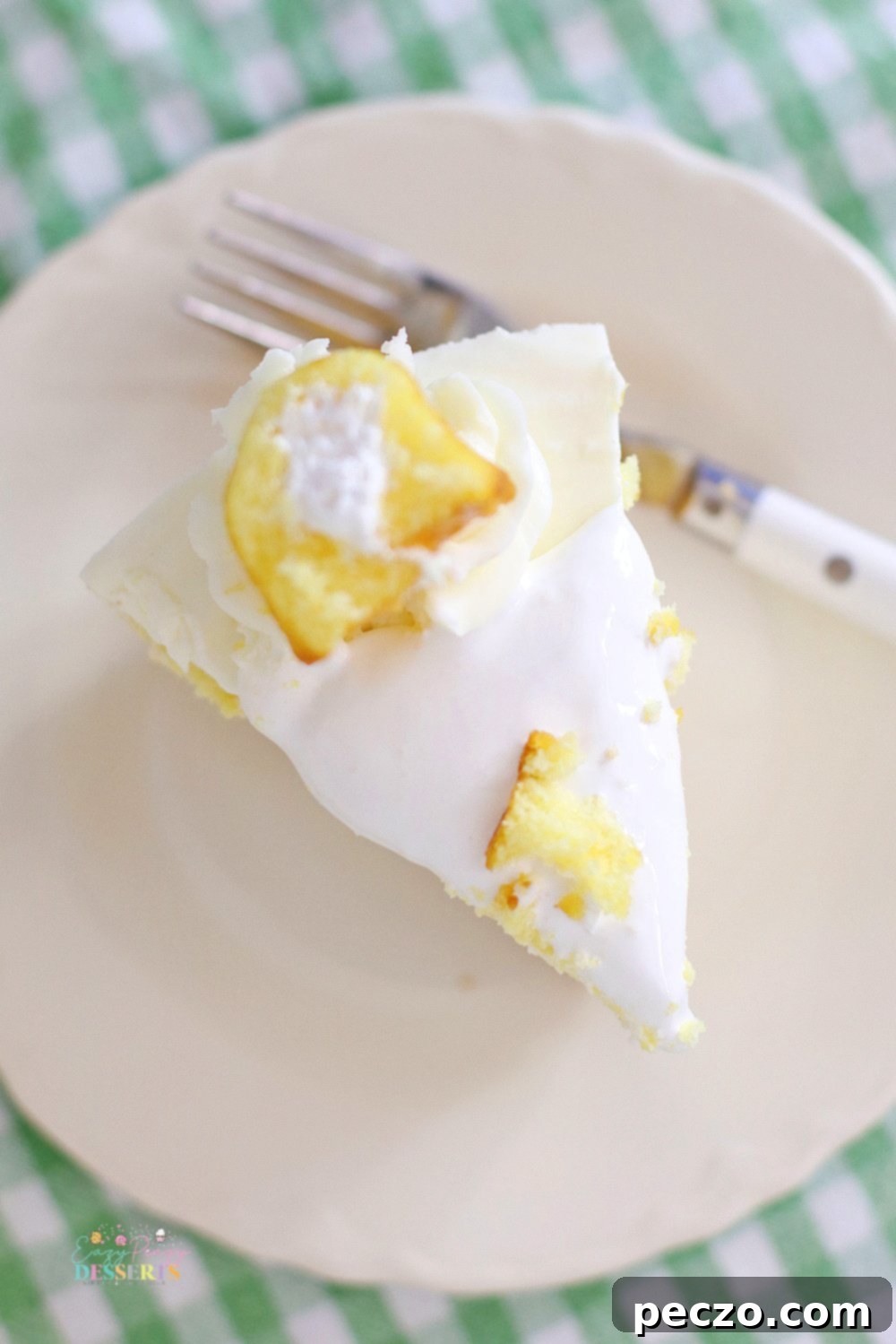 Overhead image of a slice of no bake Twinkie cheesecake