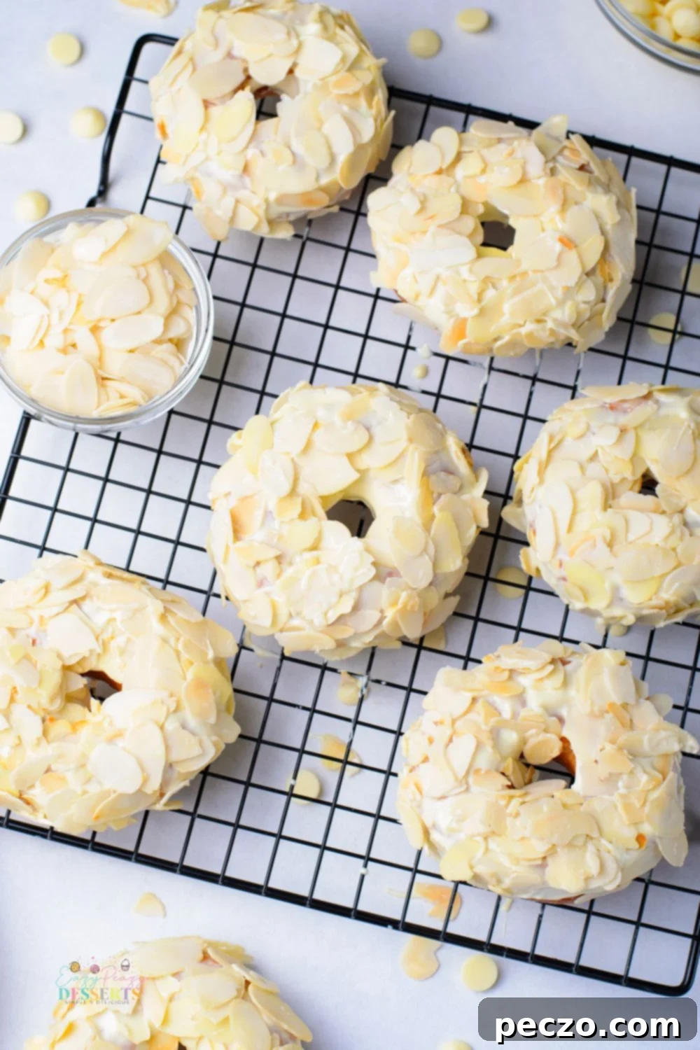 Over head image of yeast donuts with white chocolate glaze