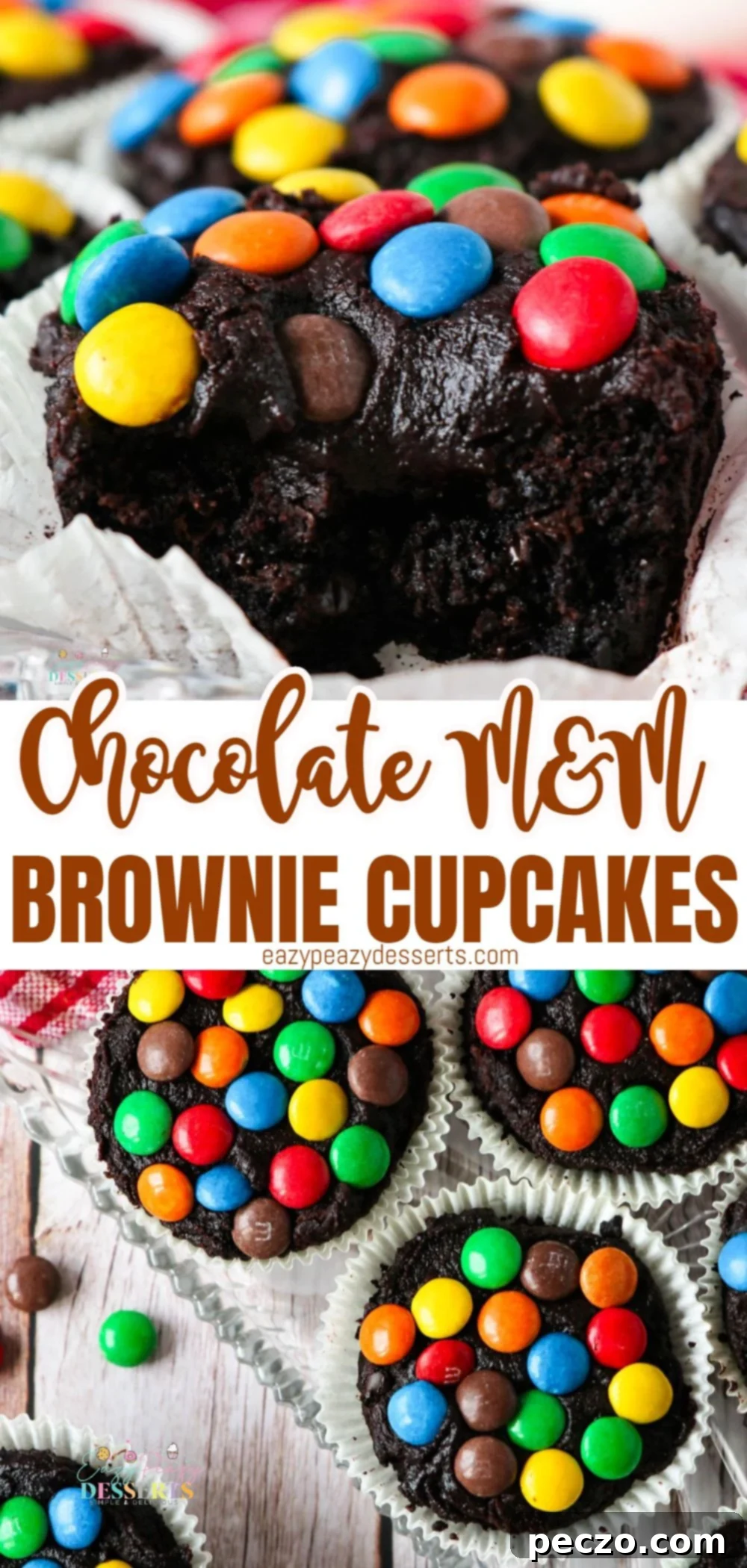 Photo collage featuring various angles of M&M cupcakes with chocolate frosting