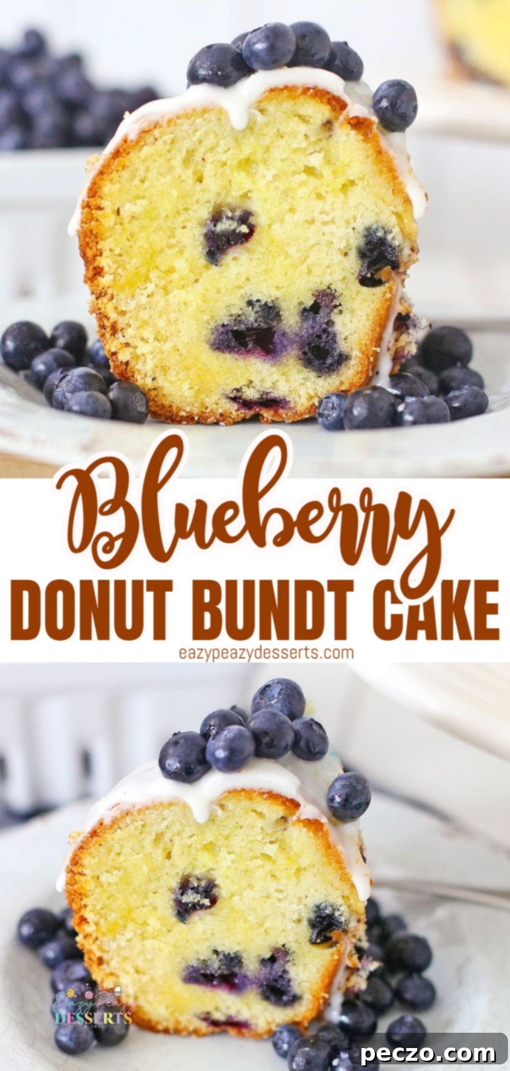 Photo collage of donut cake with blueberries baked in a Bundt pan