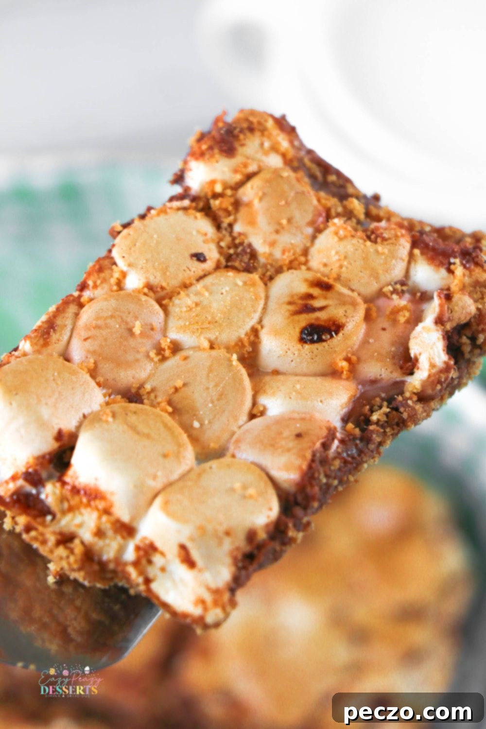 Gooey Smores Bars 3 Close up image of a smores bar with chocolate